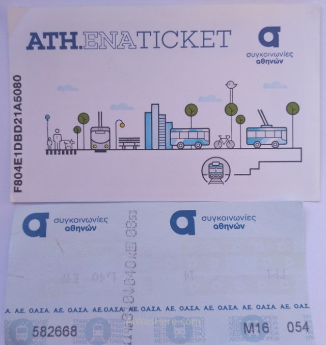Atenas 1. Tarjeta inteligente junto a ticket antiguo de papel. Smart card, Athens